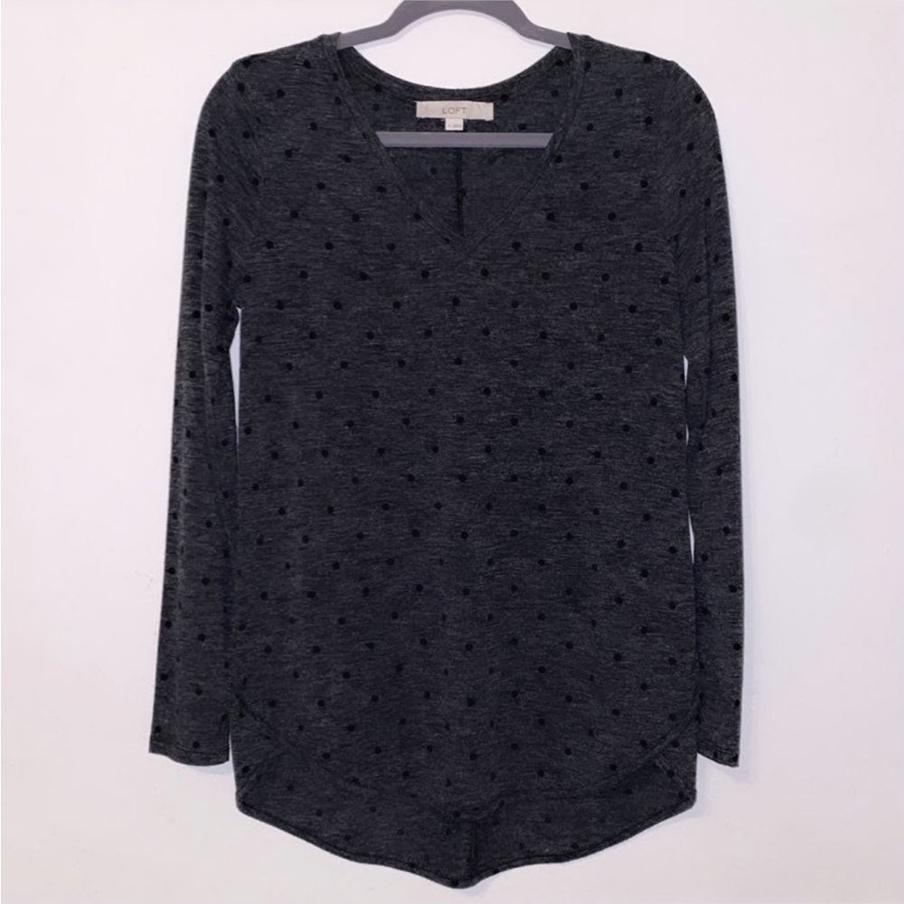 LOFT Black Polka Dot V Neck Round Hem Long Sleeve Top Womens Size Small